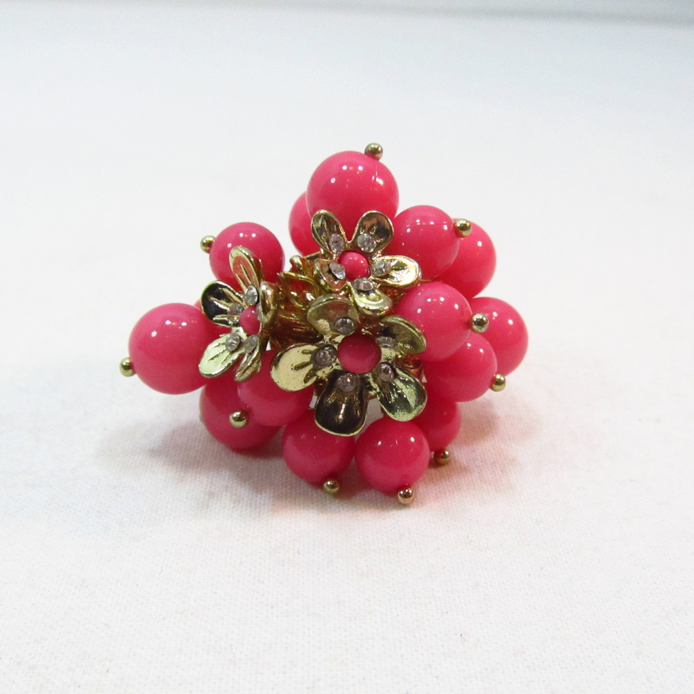 Gold Elastic Costume Ring Green Spheres & Flowers